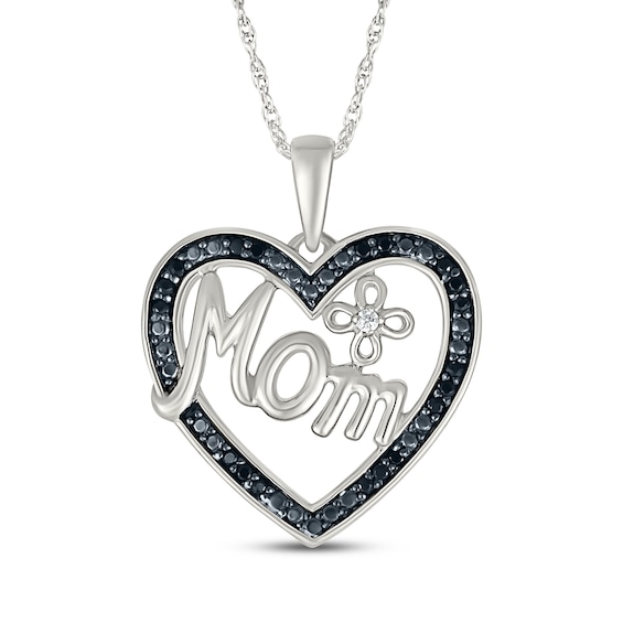 Black & White Diamond "Mom" Heart with Flower Necklace 1/10 ct tw Sterling Silver 18"