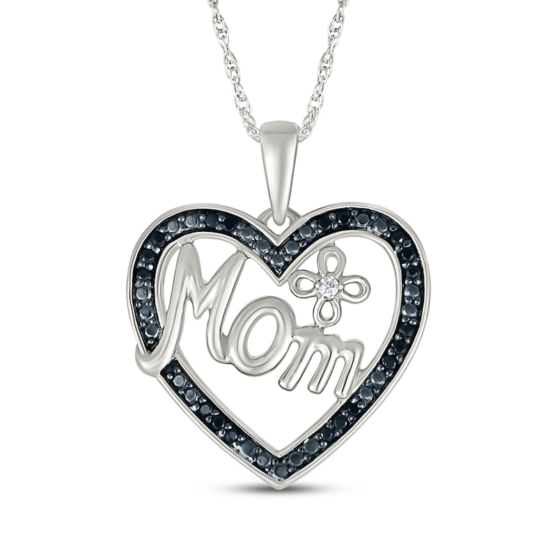Main Image 1 of Black & White Diamond "Mom" Heart with Flower Necklace 1/10 ct tw Sterling Silver 18"