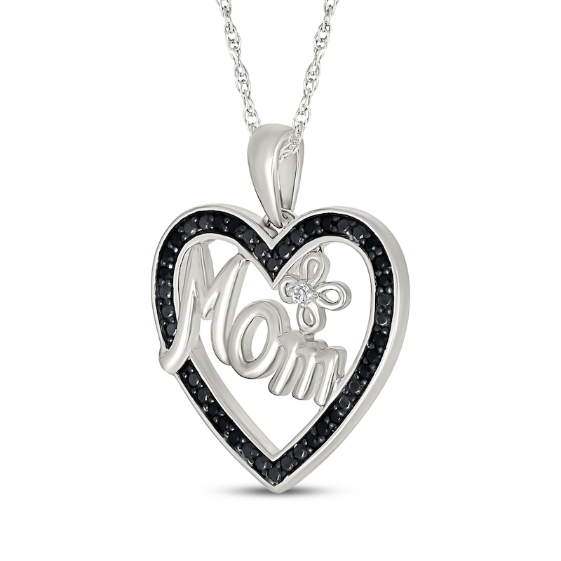 Main Image 2 of Black & White Diamond "Mom" Heart with Flower Necklace 1/10 ct tw Sterling Silver 18"
