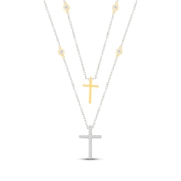 Diamond Double Layer Cross Necklace 1/6 ct tw Sterling Silver & 10K Yellow Gold 18"