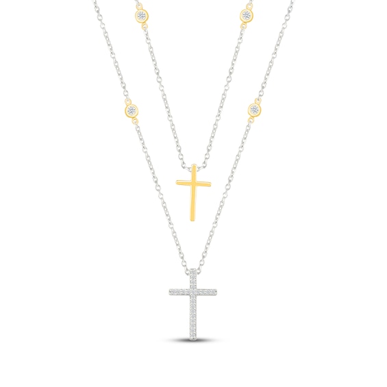Diamond Double Layer Cross Necklace 1/6 ct tw Sterling Silver & 10K Yellow Gold 18"