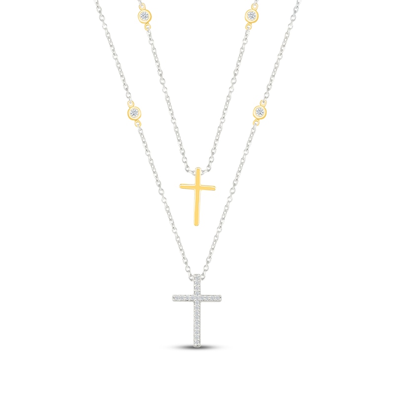 Main Image 1 of Diamond Double Layer Cross Necklace 1/6 ct tw Sterling Silver & 10K Yellow Gold 18&quot;