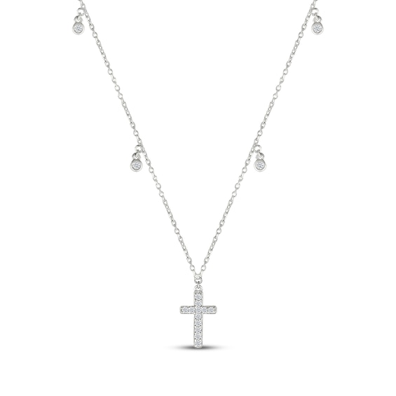 Diamond Cross Dangle Station Necklace 1/10 ct tw Sterling Silver 18"