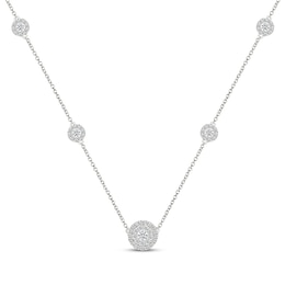 Diamond Halo Station Necklace 1 ct tw Sterling Silver 18"