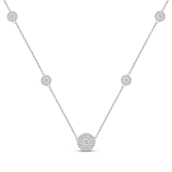 Diamond Halo Station Necklace 1 ct tw Sterling Silver 18"