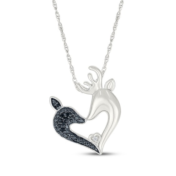 Black & White Diamond Reindeer Heart Necklace 1/20 ct tw Sterling Silver 18"