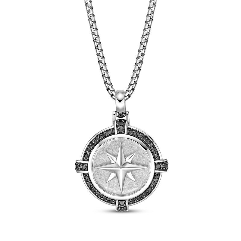 Main Image 1 of Men's Black Diamond Accent Compass Necklace Sterling Silver 24&quot;