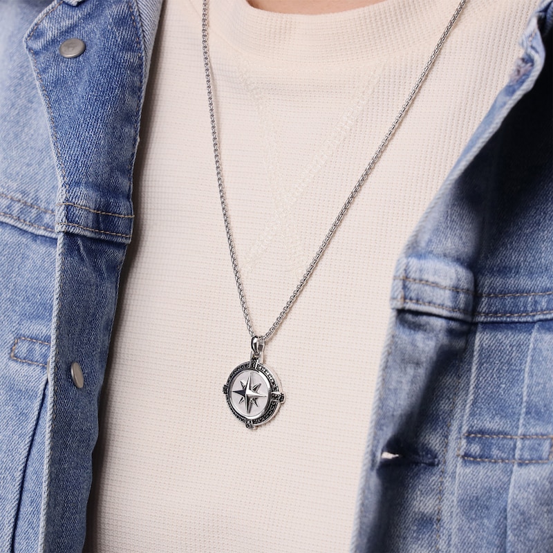 Main Image 5 of Men's Black Diamond Accent Compass Necklace Sterling Silver 24&quot;