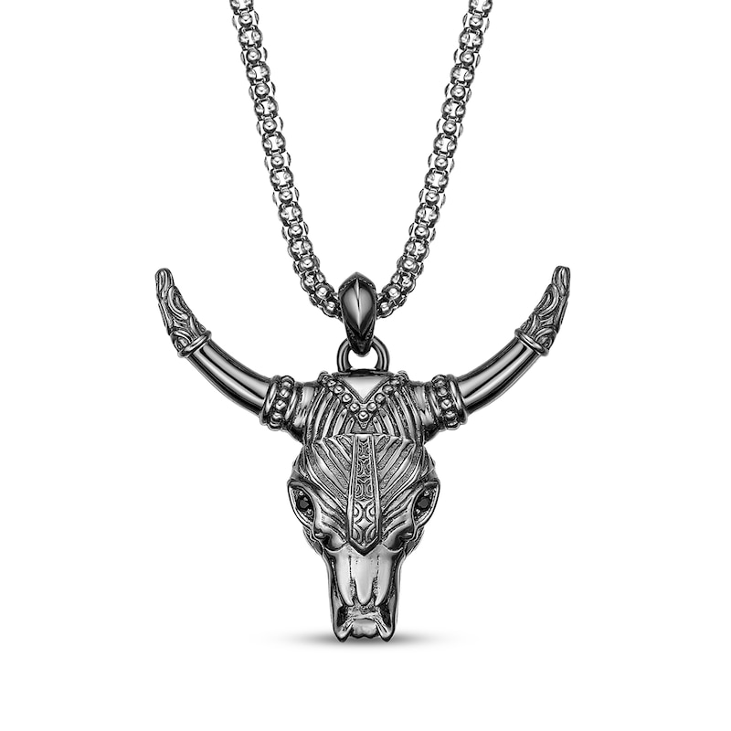 Main Image 1 of Men's Black Spinel Bull Necklace Oxidized Sterling Silver 24&quot;
