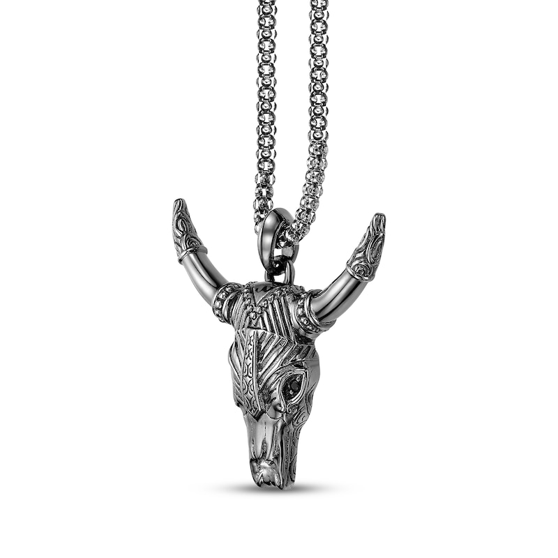 Main Image 2 of Men's Black Spinel Bull Necklace Oxidized Sterling Silver 24&quot;