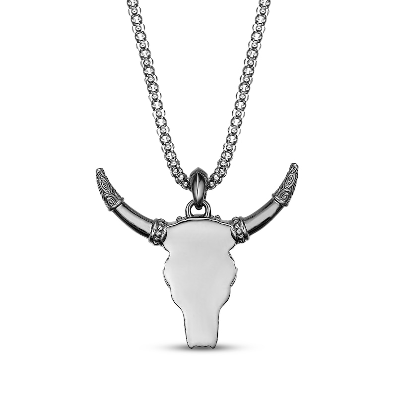 Main Image 3 of Men's Black Spinel Bull Necklace Oxidized Sterling Silver 24&quot;