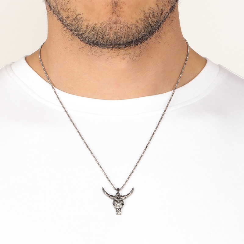 Main Image 4 of Men's Black Spinel Bull Necklace Oxidized Sterling Silver 24&quot;