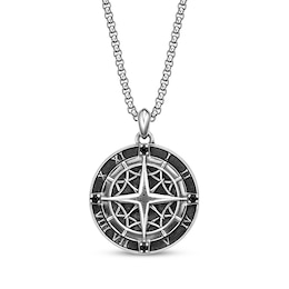 Men's Black Spinel Compass with Roman Numerals Necklace Sterling Silver 24"