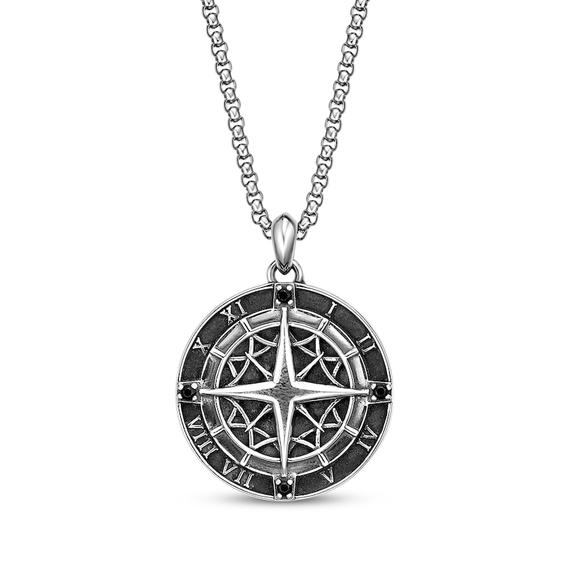Main Image 1 of Men's Black Spinel Compass with Roman Numerals Necklace Sterling Silver 24&quot;