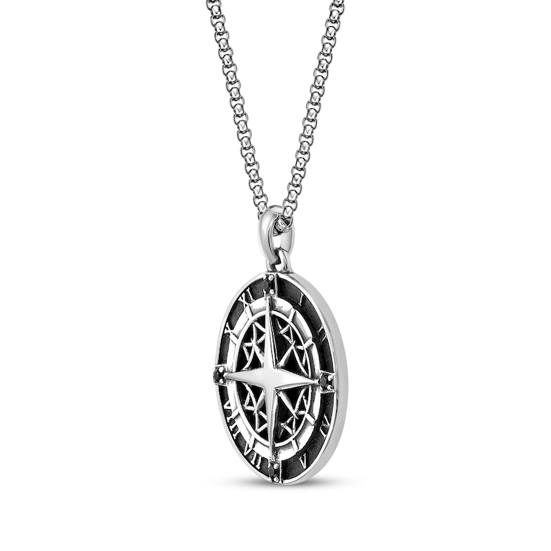 Main Image 2 of Men's Black Spinel Compass with Roman Numerals Necklace Sterling Silver 24&quot;