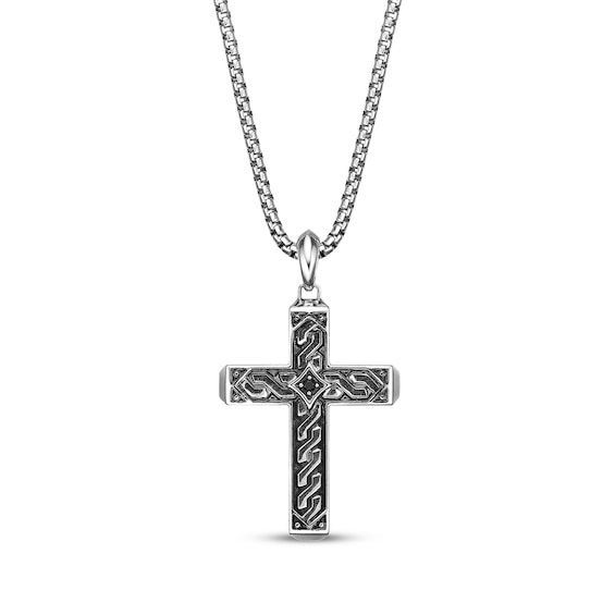 Men's Black Spinel Patterned Cross Necklace Sterling Silver 24"