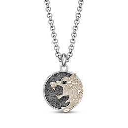 Men's Black Spinel Wolf Circle Necklace Sterling Silver & 14K Yellow Gold Plating 20"