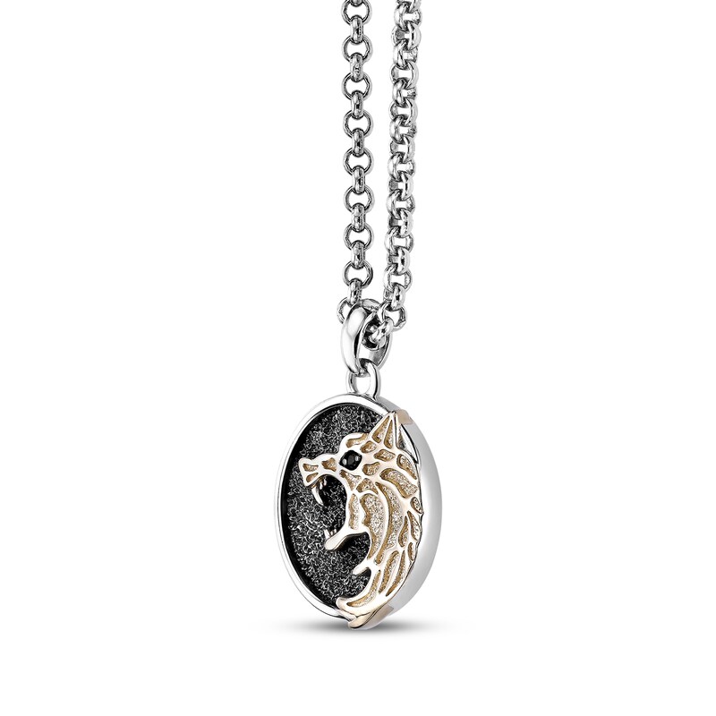 Main Image 2 of Men's Black Spinel Wolf Circle Necklace Sterling Silver & 14K Yellow Gold Plating 20&quot;