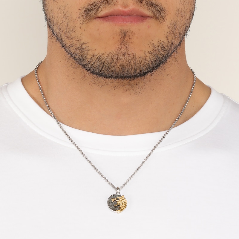 Main Image 5 of Men's Black Spinel Wolf Circle Necklace Sterling Silver & 14K Yellow Gold Plating 20&quot;