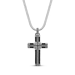 Men's Black Spinel & Leather Cross Necklace Sterling Silver 24"