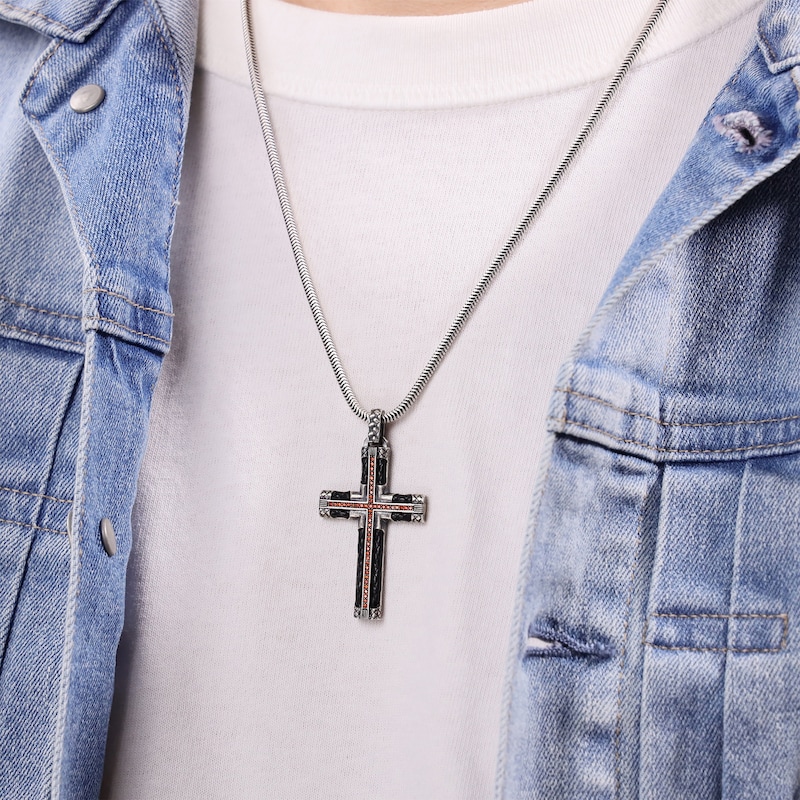Main Image 5 of Men's Black Spinel & Leather Cross Necklace Sterling Silver 24&quot;