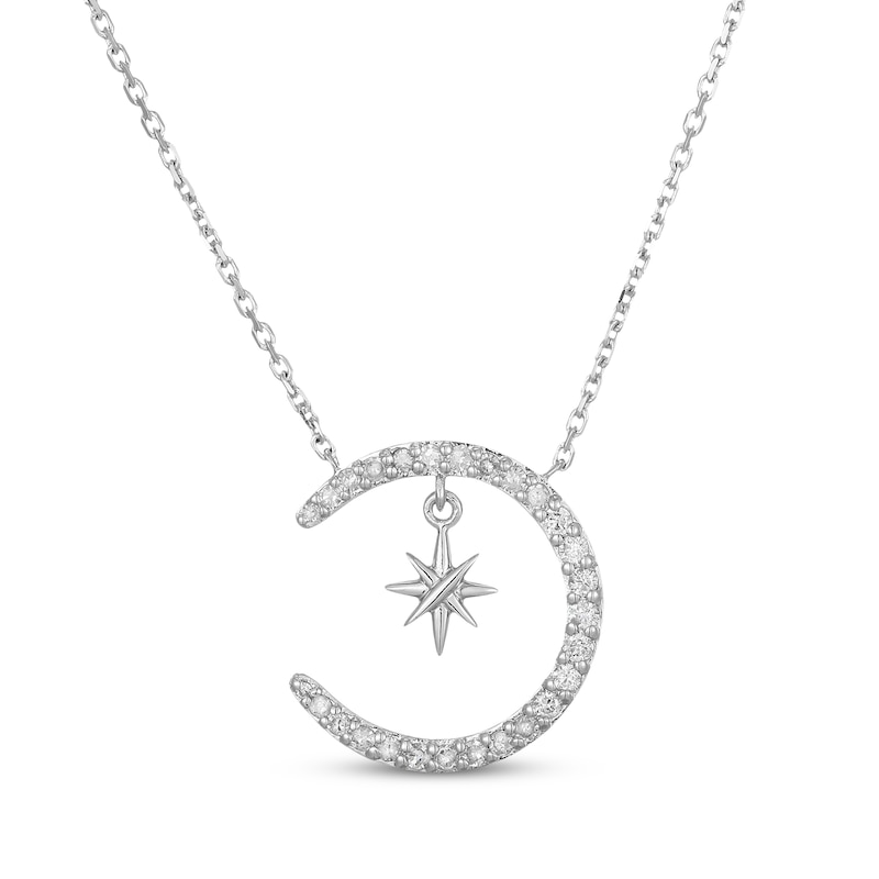 Main Image 1 of Diamond Crescent Moon & Star Dangle Necklace 1/4 ct tw Sterling Silver 18&quot;