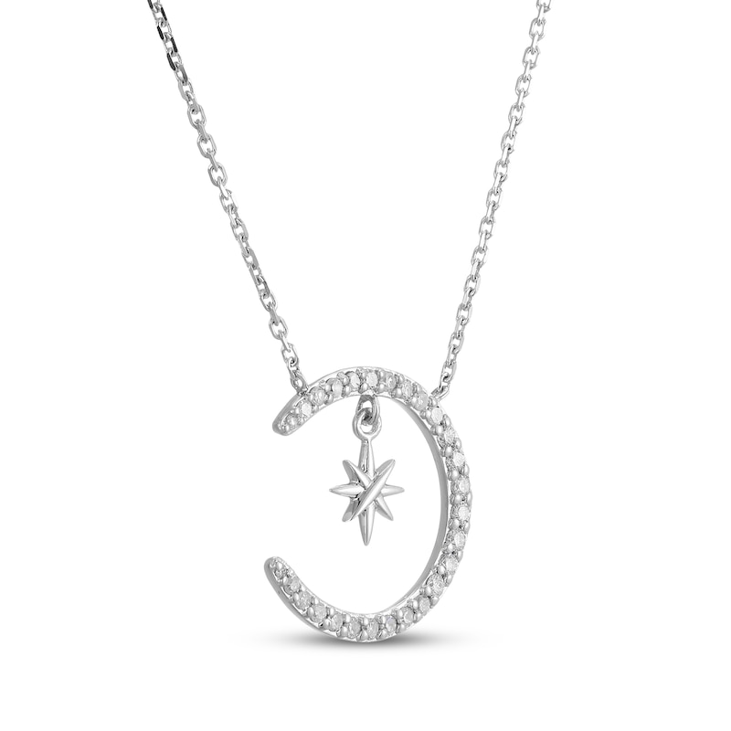 Main Image 2 of Diamond Crescent Moon & Star Dangle Necklace 1/4 ct tw Sterling Silver 18&quot;
