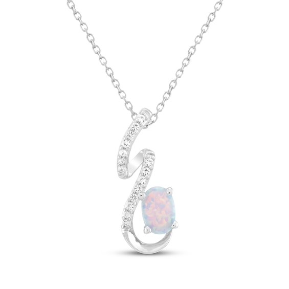 Oval-Cut Lab-Created Opal & White Lab-Created Sapphire Swirl Necklace Sterling Silver 18"