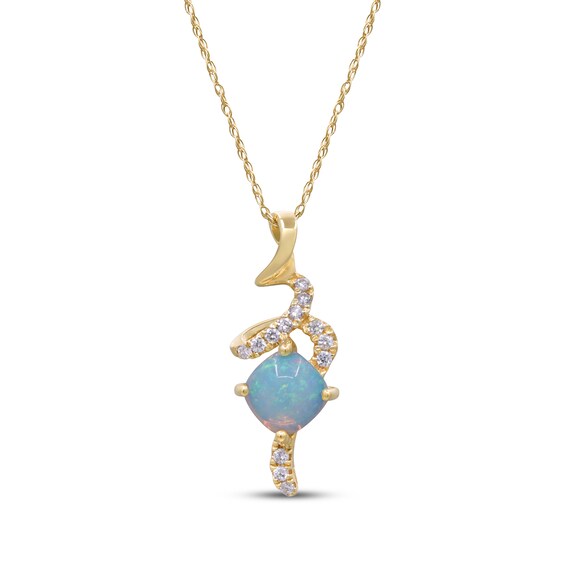 Cushion-Cut Opal & Diamond Ribbon Necklace 1/6 ct tw 10K Yellow Gold 18"