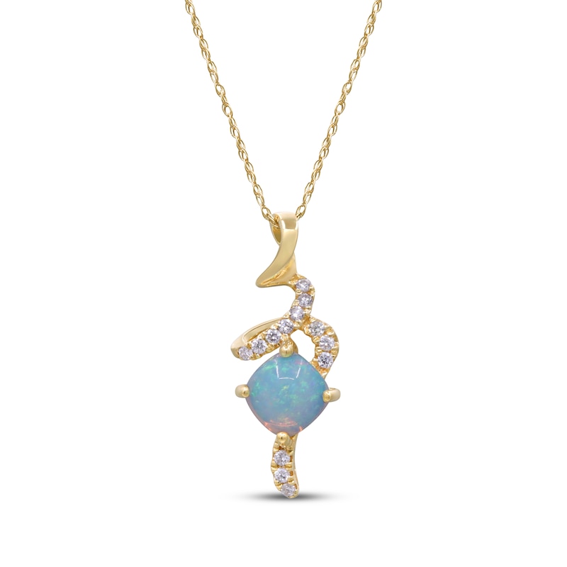 Main Image 1 of Cushion-Cut Opal & Diamond Ribbon Necklace 1/6 ct tw 10K Yellow Gold 18&quot;