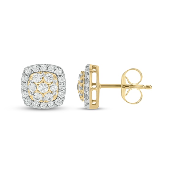 Multi-Diamond Cushion Halo Stud Earrings 1 ct tw 10K Yellow Gold