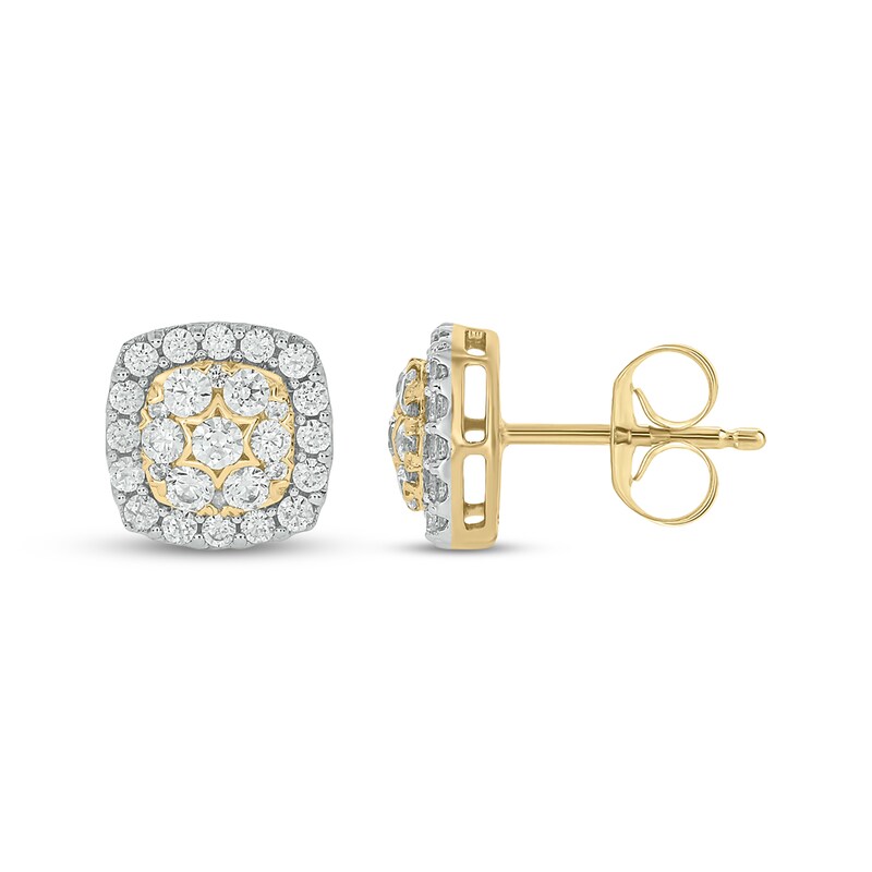 Main Image 1 of Multi-Diamond Cushion Halo Stud Earrings 1 ct tw 10K Yellow Gold
