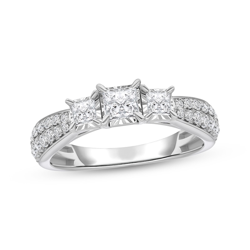 Main Image 1 of Memories Moments Magic Princess-Cut Diamond Three-Stone Engagement Ring 1 ct tw 14K White Gold
