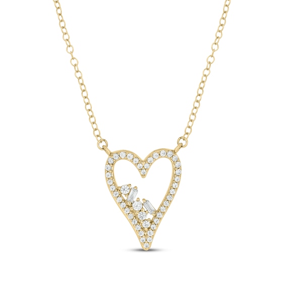 Baguette & Round-Cut Diamond Heart Outline Necklace 1/4 ct tw 10K Yellow Gold 18"