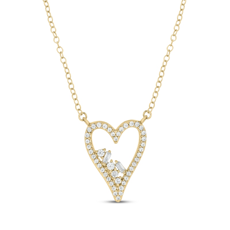 Main Image 1 of Baguette & Round-Cut Diamond Heart Outline Necklace 1/4 ct tw 10K Yellow Gold 18"