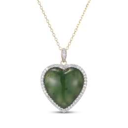Jade & Diamond Heart Necklace 1/4 ct tw 14K Yellow Gold 18"