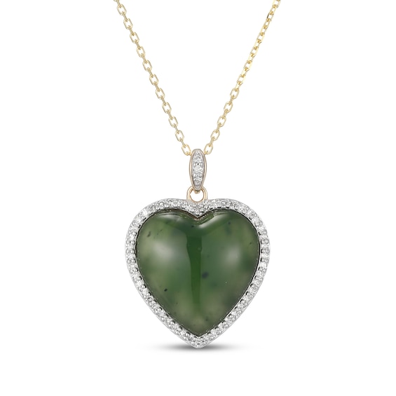 Jade & Diamond Heart Necklace 1/4 ct tw 14K Yellow Gold 18"