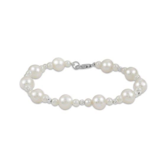 Cultured Pearl & Diamond-Cut Bead Bracelet Sterling Silver 7.5"