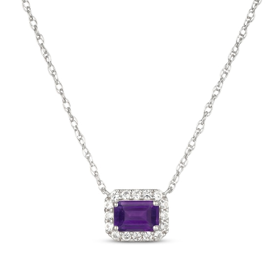 Emerald-Cut Amethyst & White Lab-Created Sapphire East-West Halo Necklace Sterling Silver 18"