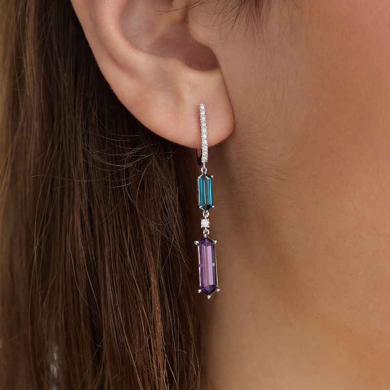 Main Image 4 of Le Vian Hexagon-Cut Blue Topaz & Amethyst Drop Earrings 1/8 ct tw Diamonds 14K Vanilla Gold