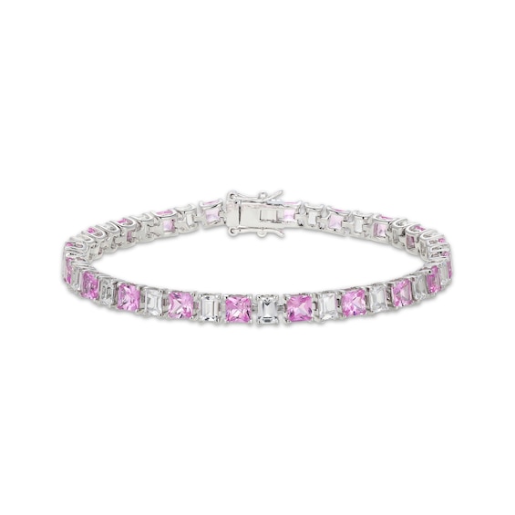 Square-Cut Pink Lab-Created Sapphire & Baguette-Cut White Lab-Created Sapphire Line Bracelet Sterling Silver 7.25"
