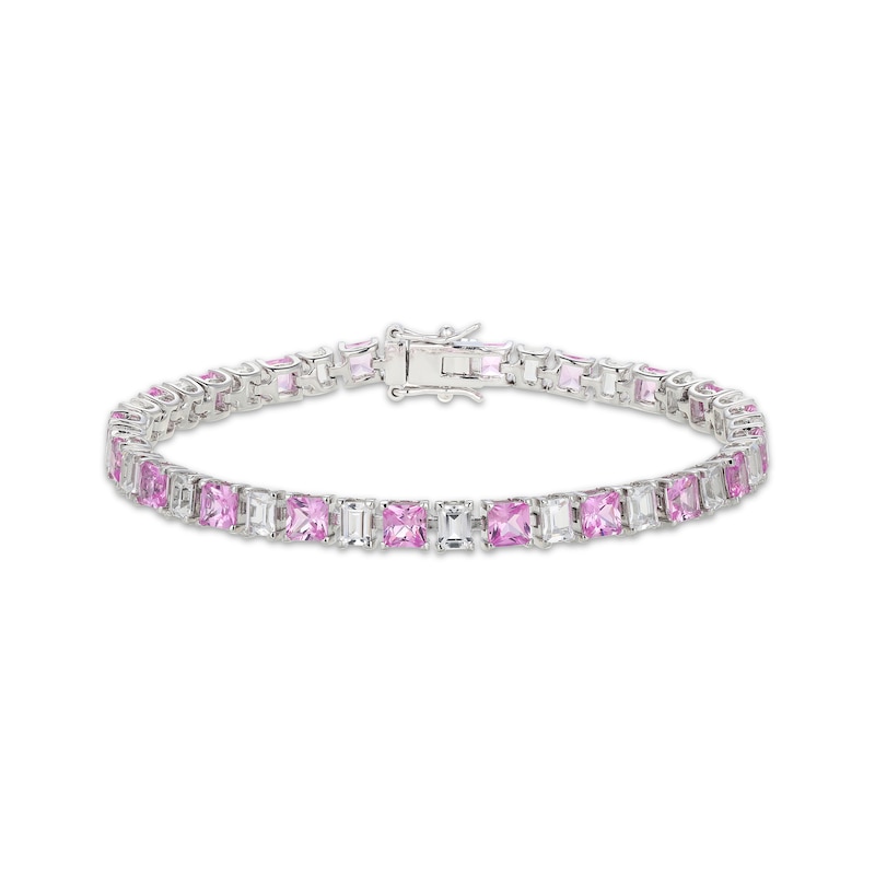 Main Image 1 of Square-Cut Pink Lab-Created Sapphire & Baguette-Cut White Lab-Created Sapphire Line Bracelet Sterling Silver 7.25"