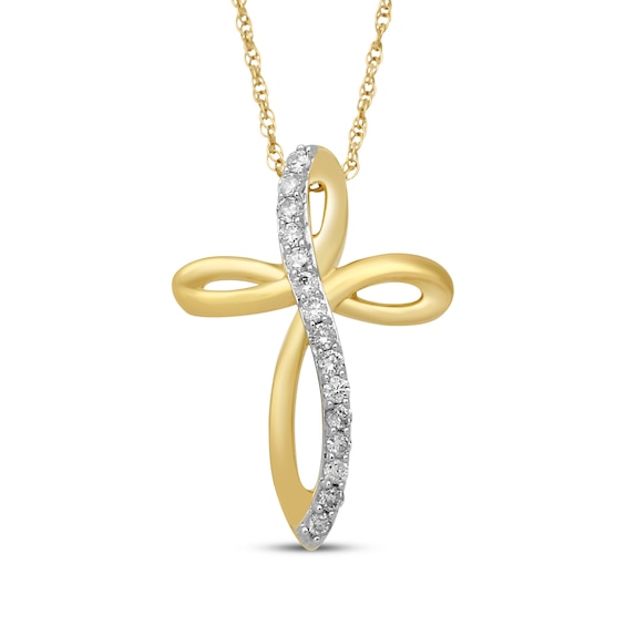 Diamond Cross Necklace 1/10 ct tw Round-cut 10K Yellow Gold 18"