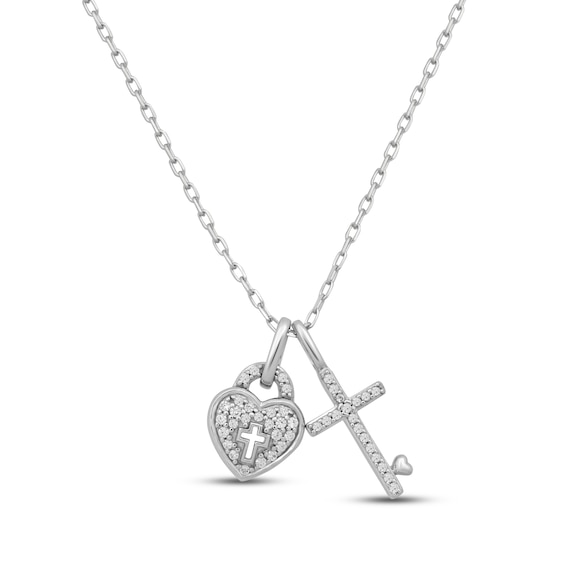 Diamond Heart Cross Lock & Key Necklace 1/8 ct tw Round-cut Sterling Silver 18"