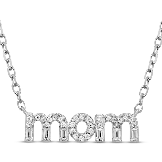Diamond "Mom" Necklace 1/10 ct tw Round & Baguette-cut 10K White Gold 18"