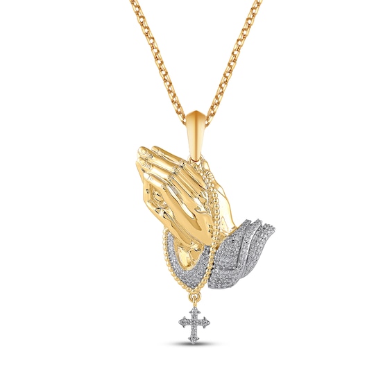 Men's White & Black Diamond Praying Hands & Rosary Diamond-Cut Necklace 3/8 ct tw 10K Yellow Gold 22"