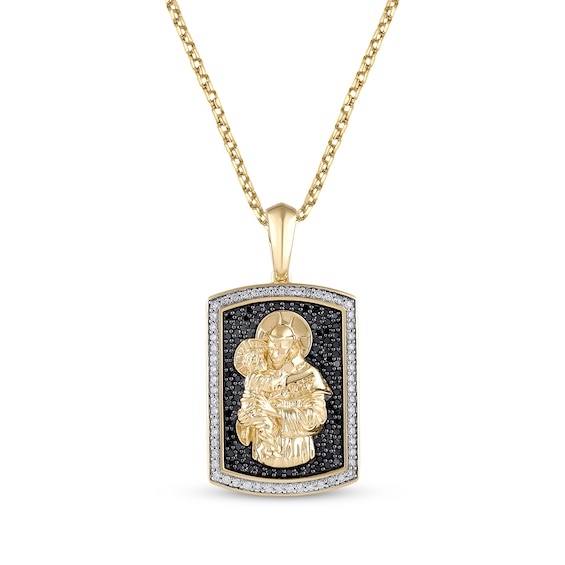 Men's Black & White Diamond Saint Anthony Necklace 5/8 ct tw 10K Yellow Gold 22"