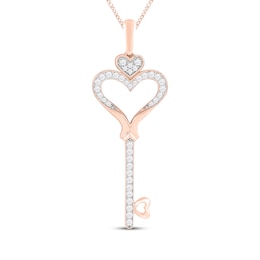 Diamond Heart Key Necklace 1/4 ct tw Round-cut 10K Rose Gold 19"