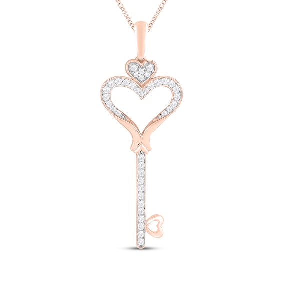 Diamond Heart Key Necklace 1/4 ct tw Round-cut 10K Rose Gold 19"