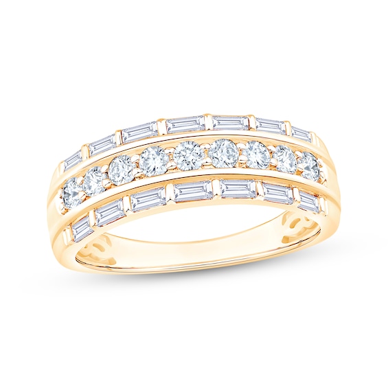 Now + Forever Lab-Grown Diamonds Baguette & Round-Cut Three-Row Anniversary Ring 1 ct tw 14K Yellow Gold